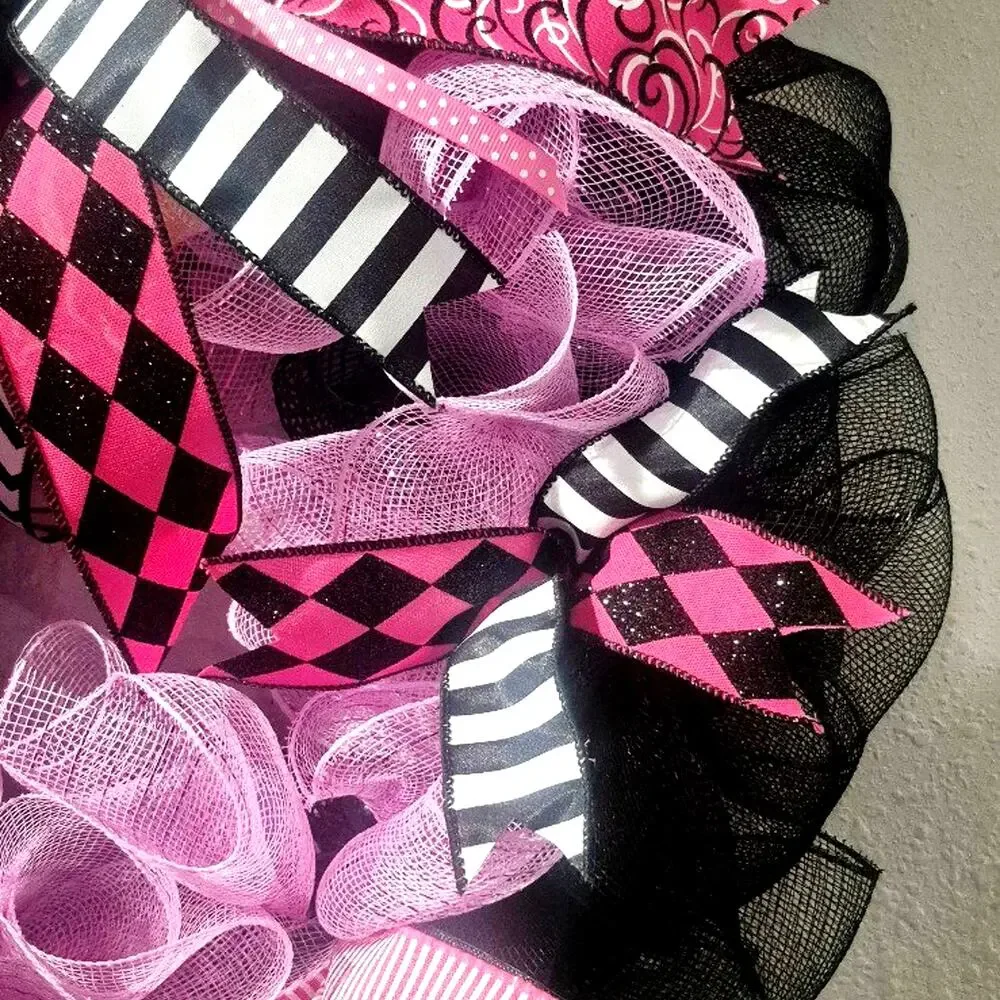Wreath Rabbit flowers Valentines, Easter, Spring, Summer SIGN Ribbon pink black